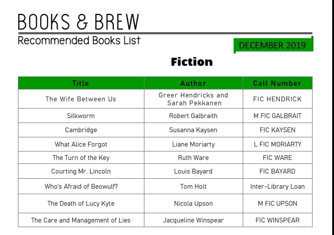 Books and Brew Book List December 2019